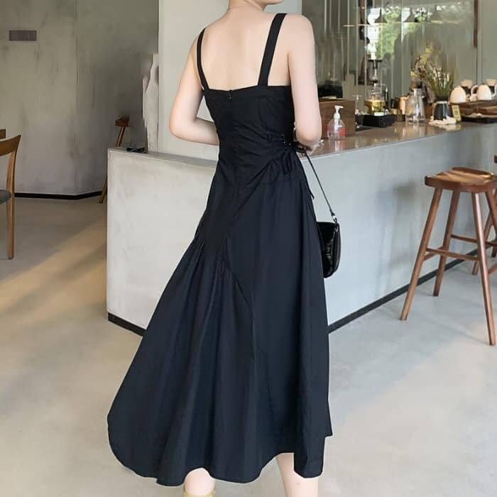 V017 Đầm hai dây dạ tiệc thắt eo vạt đùi dáng dài tiểu thư, Váy hai dây ôm body đen vạt chéo Ulzzang cá tính cute | BigBuy360 - bigbuy360.vn