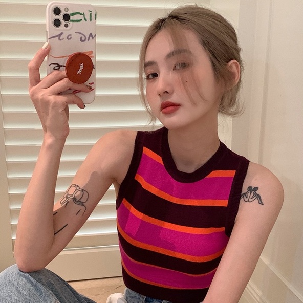 Áo sát nách ZHELIHANGFEI dệt kim họa tiết kẻ sọc ngang phong cách quyến rũ cho nữ