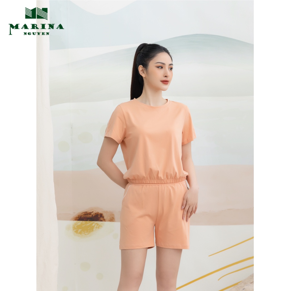 Đồ Bộ Nữ Mặc Nhà MARINA NGUYỄN Cotton Cao Cấp, Thiết Kế Cổ Tròn, Tay Ngắn, Bo Chun Gấu Áo, Vải Thoáng Mát 322006