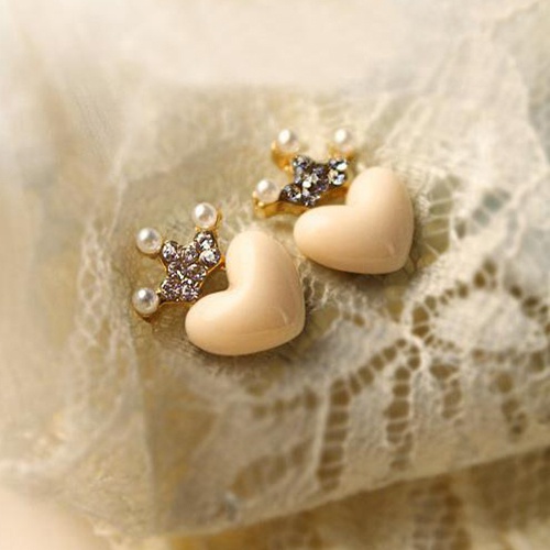 Bông tai hình vương miện/trái tim đính ngọc trai giả xinh xắn