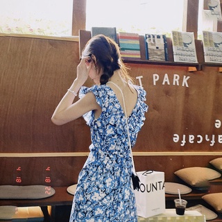 Đầm Dài Qua Gối Xẻ Tà In Họa Tiết Hoa Màu Xanh Dương Thời Trang Mùa Hè Kiểu Pháp Hàng Mới