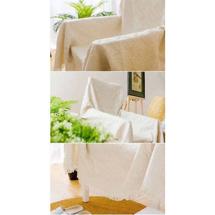 Thảm Vintage Dệt Cao Cấp, Khăn Phủ Sofa Trải Sàn Trang Trí Màu Trắng (180x230cm)