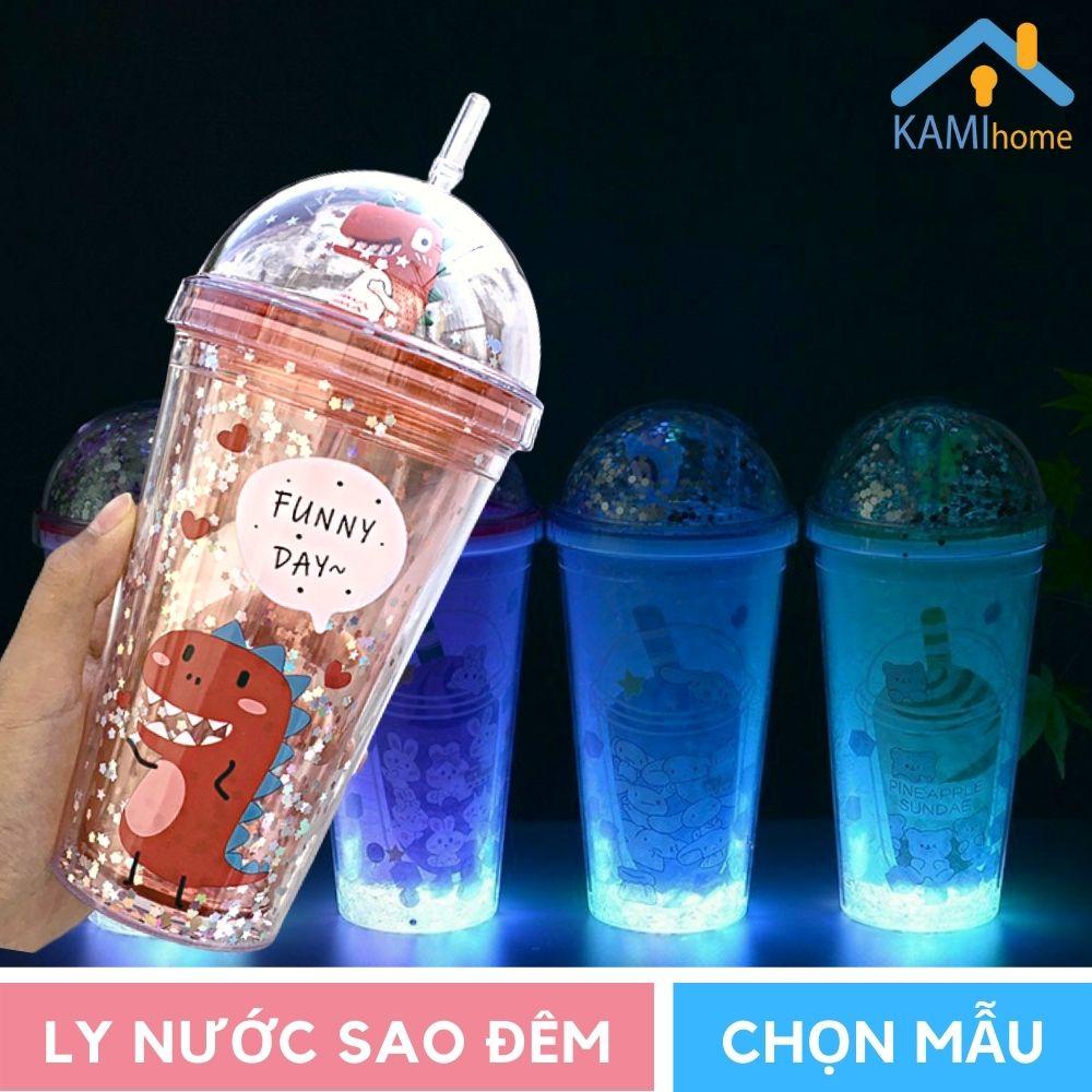 Ly nước trà sữa phát sáng Nắp kim tuyến có ống hút 2 lớp cách nhiệt cỡ 400ml KMH 22057