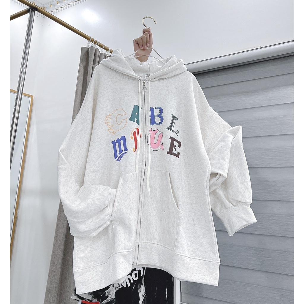 Áo Khoác Hoodie Chữ Cái Form To Nam Nữ Unisex Mũ 2 Lớp This Dáng Rộng Tay Bồng