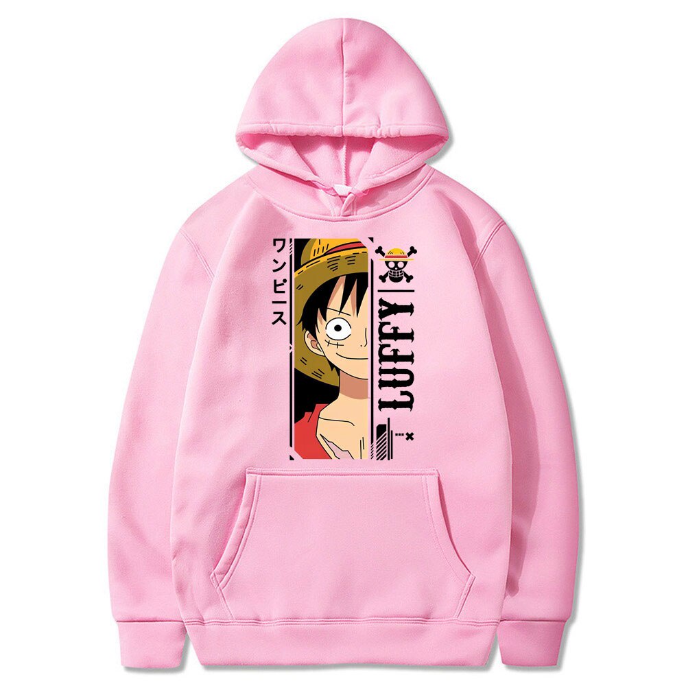 Áo hoodie chui đầu tay dài dáng rộng lót nhung in hình nhân vật One Piece Luffy thời trang cho nam cặp đôi