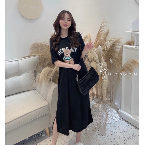 Đầm bầu Suông - Váy bầu Suông Gấu Hello Joy Dáng Dài , From Rộng- BIGSIZE đến 75kg