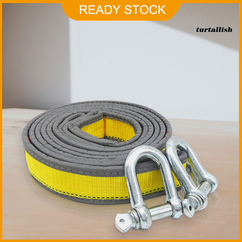 TURTALLISH 3Pcs/Set 4m Tow Strap with U-shaped Hooks Reflective Design Yellow Multifunctional Car Haul Rope for Outdoor