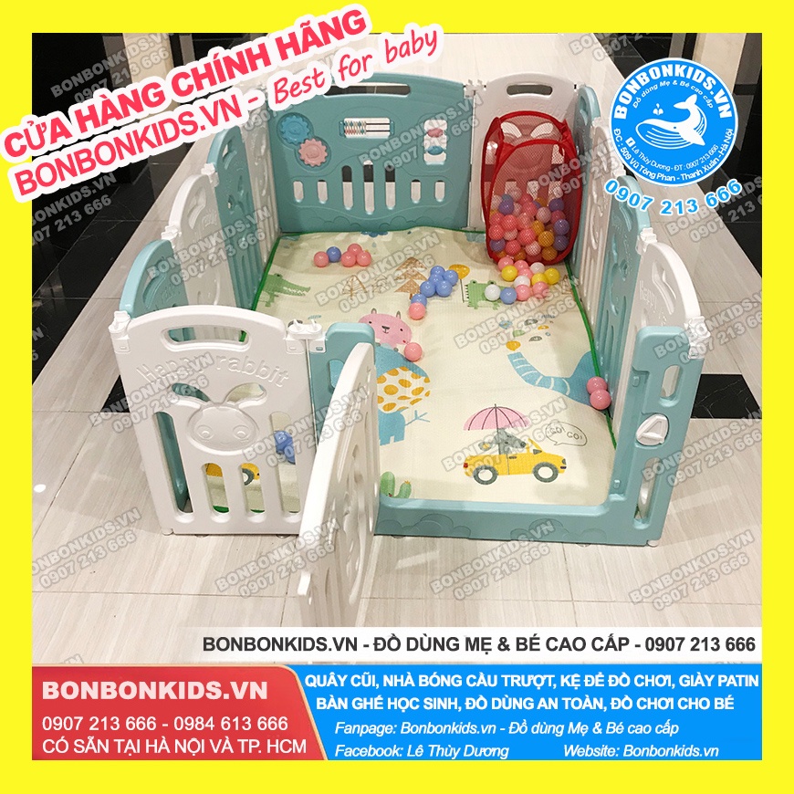 Quây gấp gọn, Quây xếp gọn mẫu Thỏ Luluber 2021 (Quây cũi gấp gọn 12 tấm: 1m2 x 1m6 - Tặng Thảm, 100 bóng, giỏ đựng bóng