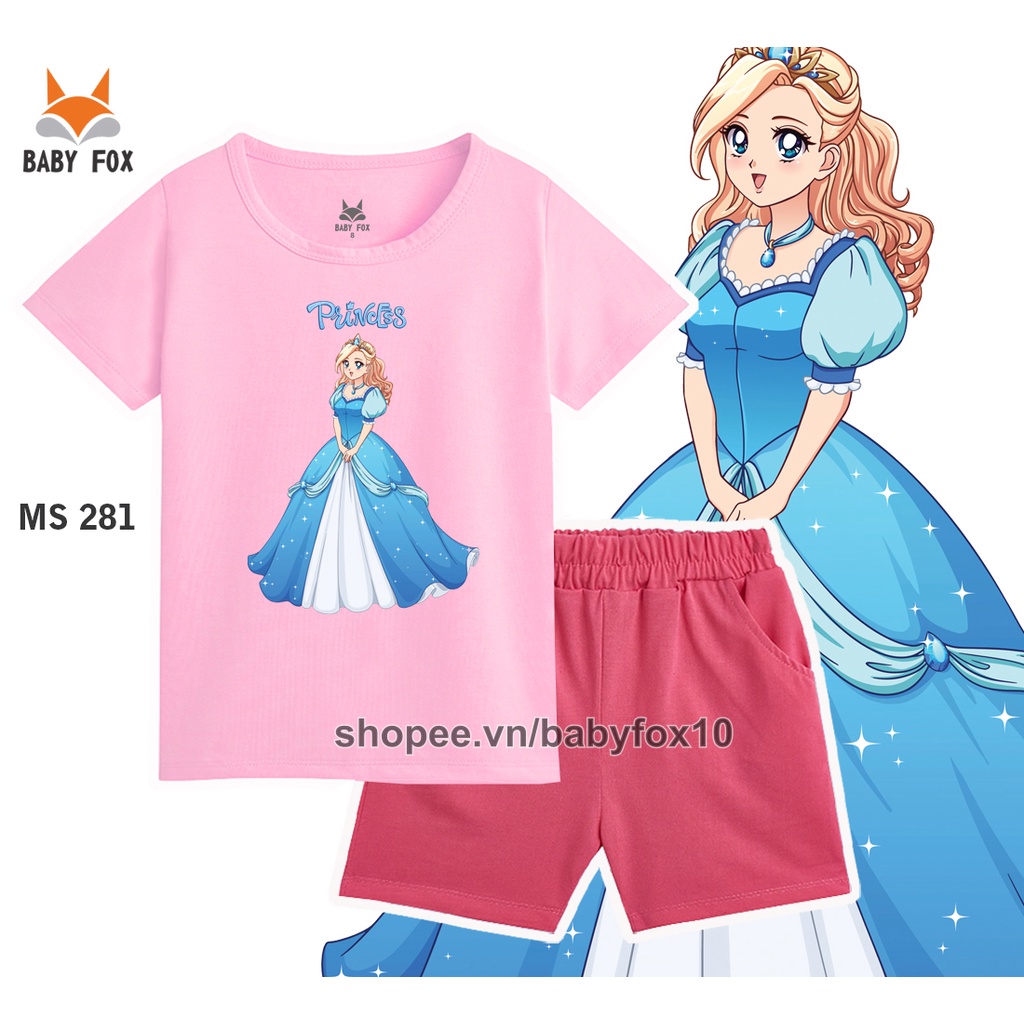 Bộ thun bé gái 100% cotton loại tốt, thương hiệu BABY FOX, in hình công chúa, size nhỏ, trung, đại e