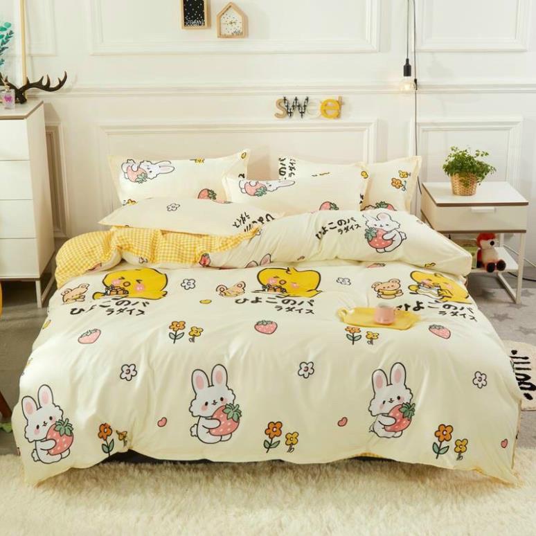 Trọn Bộ 4 Món Chăn Ga Gối Mền Cotton Poly-EVILY🌸-Mẫu VỊT VÀNG THỎ TRẮNG Siêu Xinh Cute
