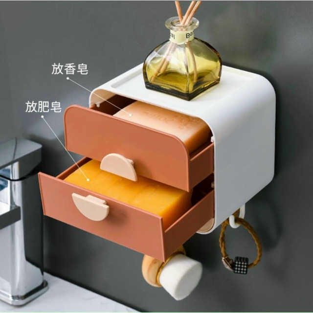 ⚡️𝐒𝐀𝐋𝐄⚡️ Tủ nhựa 2 ngăn dính tường đựng xà phòng có móc treo ( Tủ Q3)