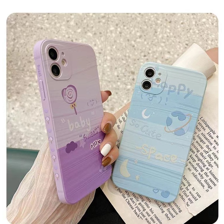 Case OPPO Reno6 5G Reno5 4G/5G Reno5K A5 2020 A9 2020 A15 A15S A53 A33 A7 A5S A12 A11K A31 2020 F9 F9Pro Reno5Pro F11 A3S A83 A57 2016 A59 F1S A39 A3 Straight Edge 90° Cartoon Moon Lollipop Couple Phone Case