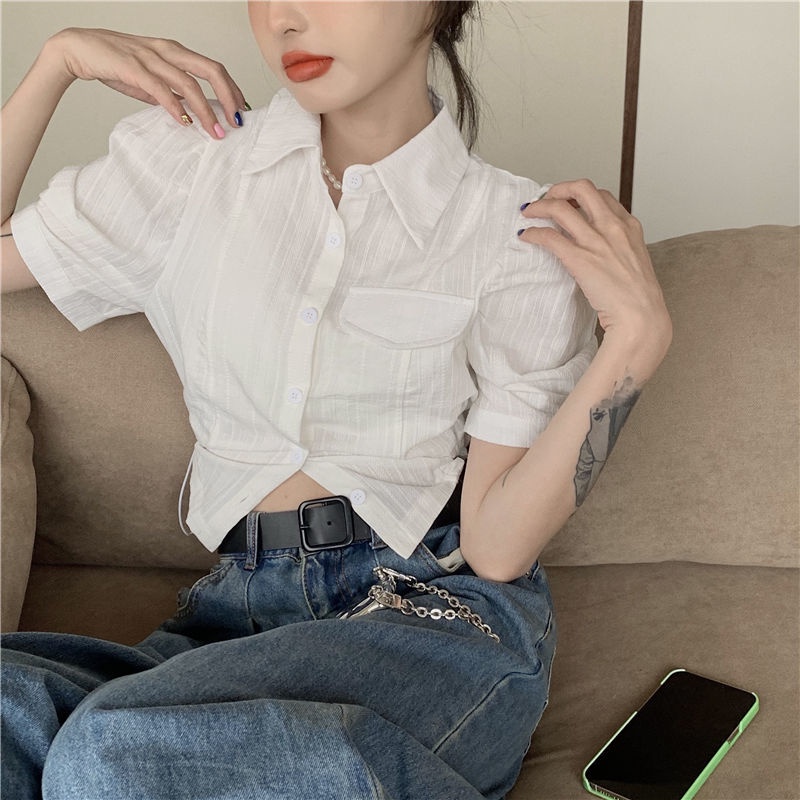Áo Sơ Mi Ngắn Tay Phối Dây Rút Thiết Kế Đơn Giản Sáng Tạo Thời Trang Hàn Quốc