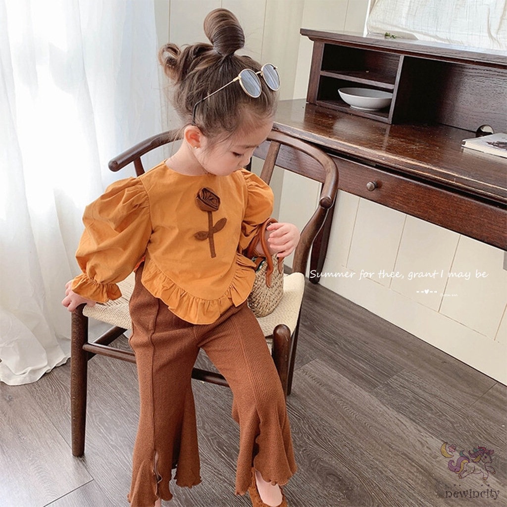 Bộ Áo Sơ Mi Họa Tiết Hoa + Quần Dệt Kim Lưng Cao Thời Trang Mùa Thu Hàn Quốc Cho Bé Gái