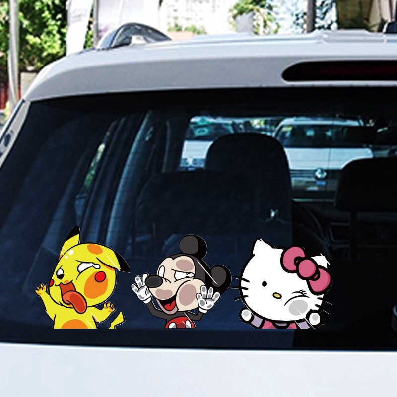 Miếng Dán Trang Trí Xe Hơi Hình Hello Kitty Mickey Stitch Batman Luffy Naruto Ironman Dễ Thương