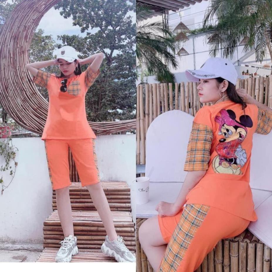 Đồ Bộ Nữ MIC06228 Đồ Bộ Mặc Nhà Chất Cotton Đẹp Hình In Mickey Sọc Ca Rô 2 Bên Size 40KG - 80KG | BigBuy360 - bigbuy360.vn