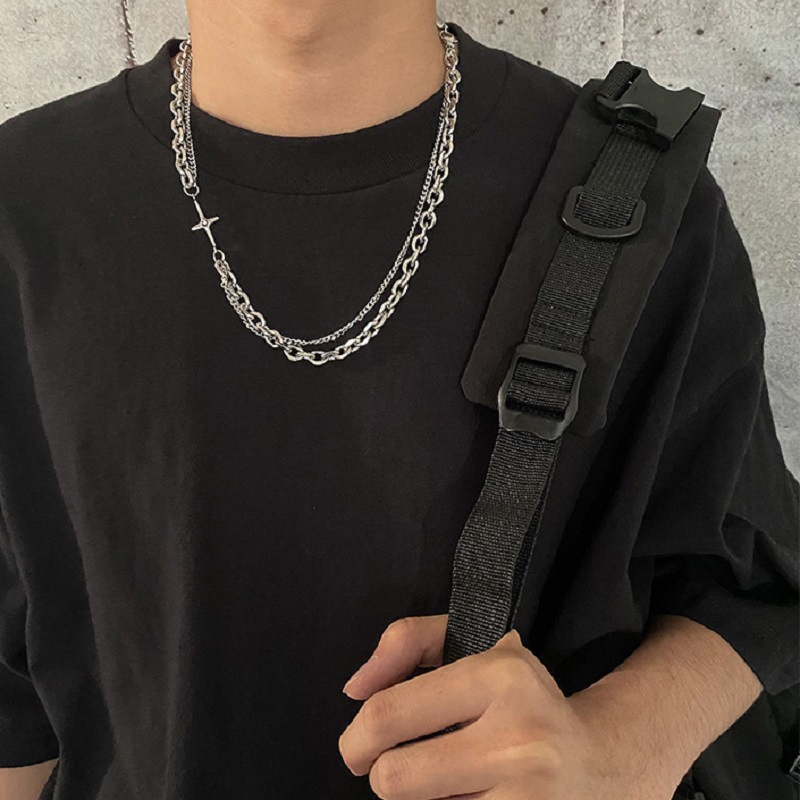 Vòng cổ Hai Lớp Bằng Thép Không Gỉ Mặt Chữ Thập Đính Đá Phong Cách Hip hop Hàn Quốc
