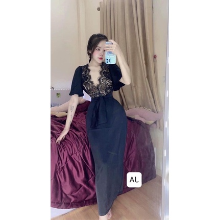 Váy lụa ngủ phối ren ngực