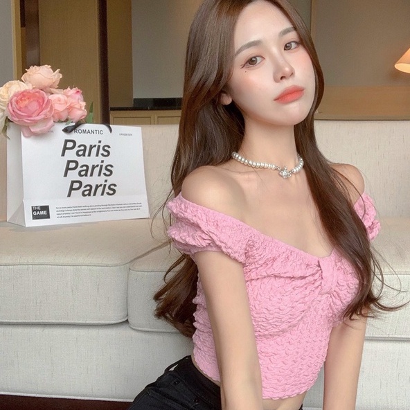 Áo dệt kim ZHELIHANGFEI ngắn tay cổ chữ V thắt nơ đáng yêu phong cách thời trang