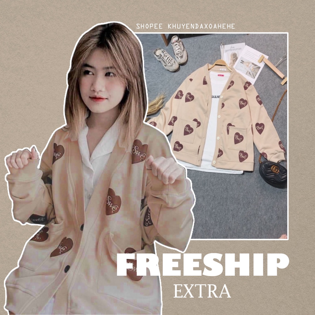 AK017 Áo cardigan nữ trắng tim nâu dài tay cài cúc dáng rộng nữ sinh, áo khoác kiểu thu đông cadiganbanhs bèo nữ tính