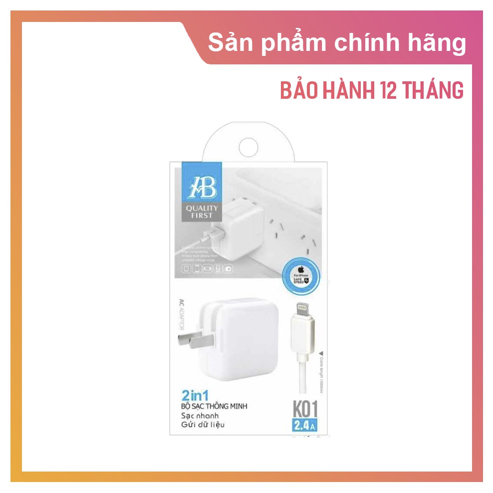 [Mã 2404EL10K giảm 10K đơn 20K] Sạc bộ iPhone ABBIG K01- Bảo hành đổi mới trong 1 năm