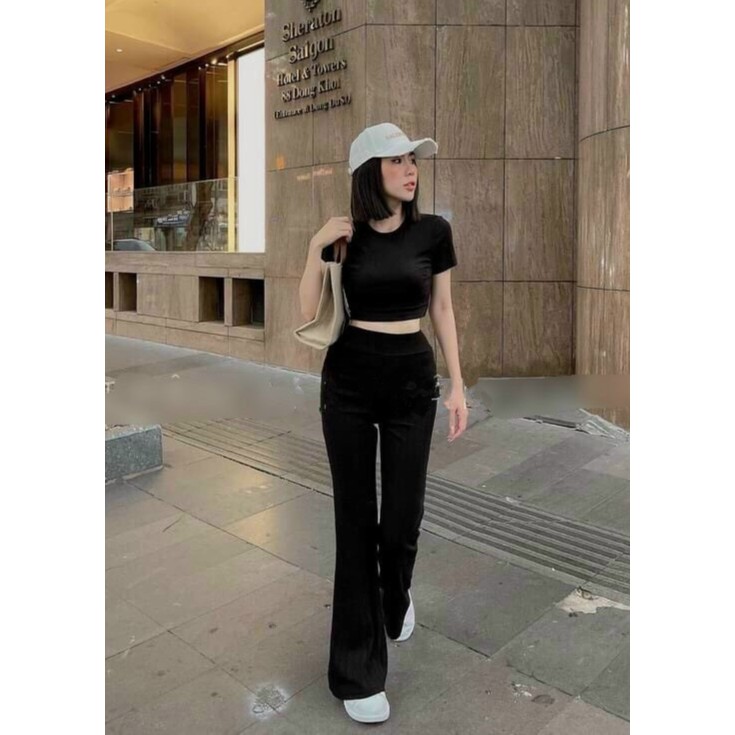 Set Bộ Áo Croptop Ôm Dáng Và Quần Ống Loe Thời Trang Nữ Rose Fashion