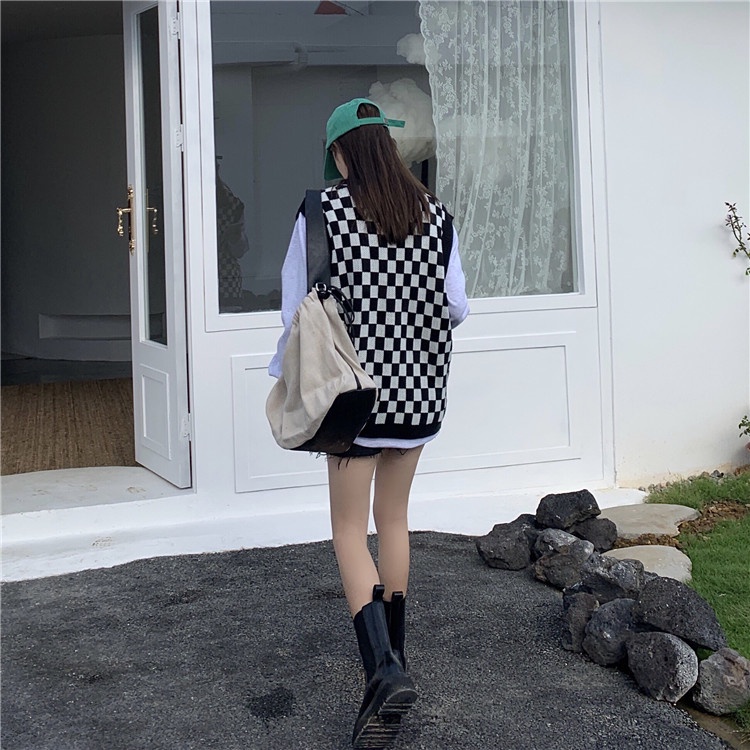 Áo dệt kim không tay cổ chữ V dáng rộng họa tiết sọc caro thời trang dành cho nữ