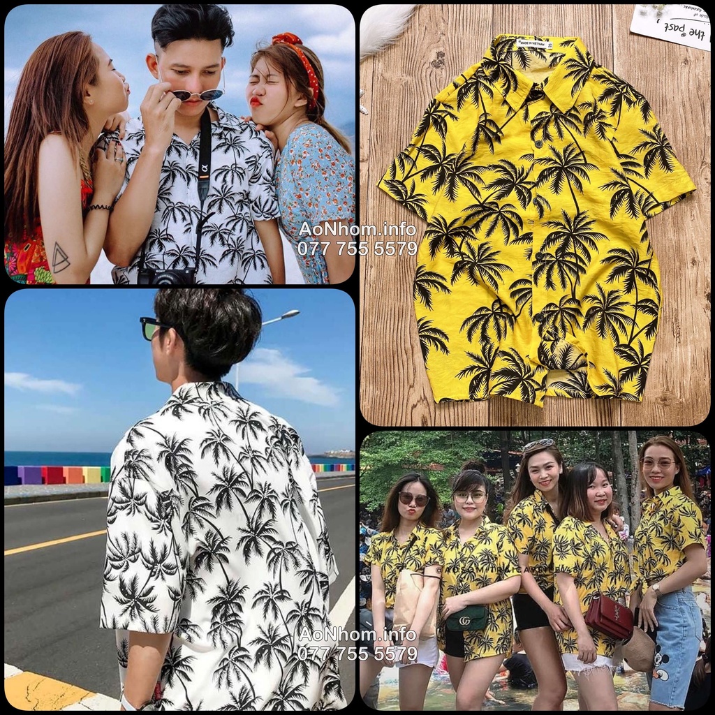 Áo Sơ Mi Đi Biển Mềm Mát - Cây Dừa - Đủ Size Nam Nữ, Hoạ Tiết Hoa Lá Trái Cây Hawaii #AB032