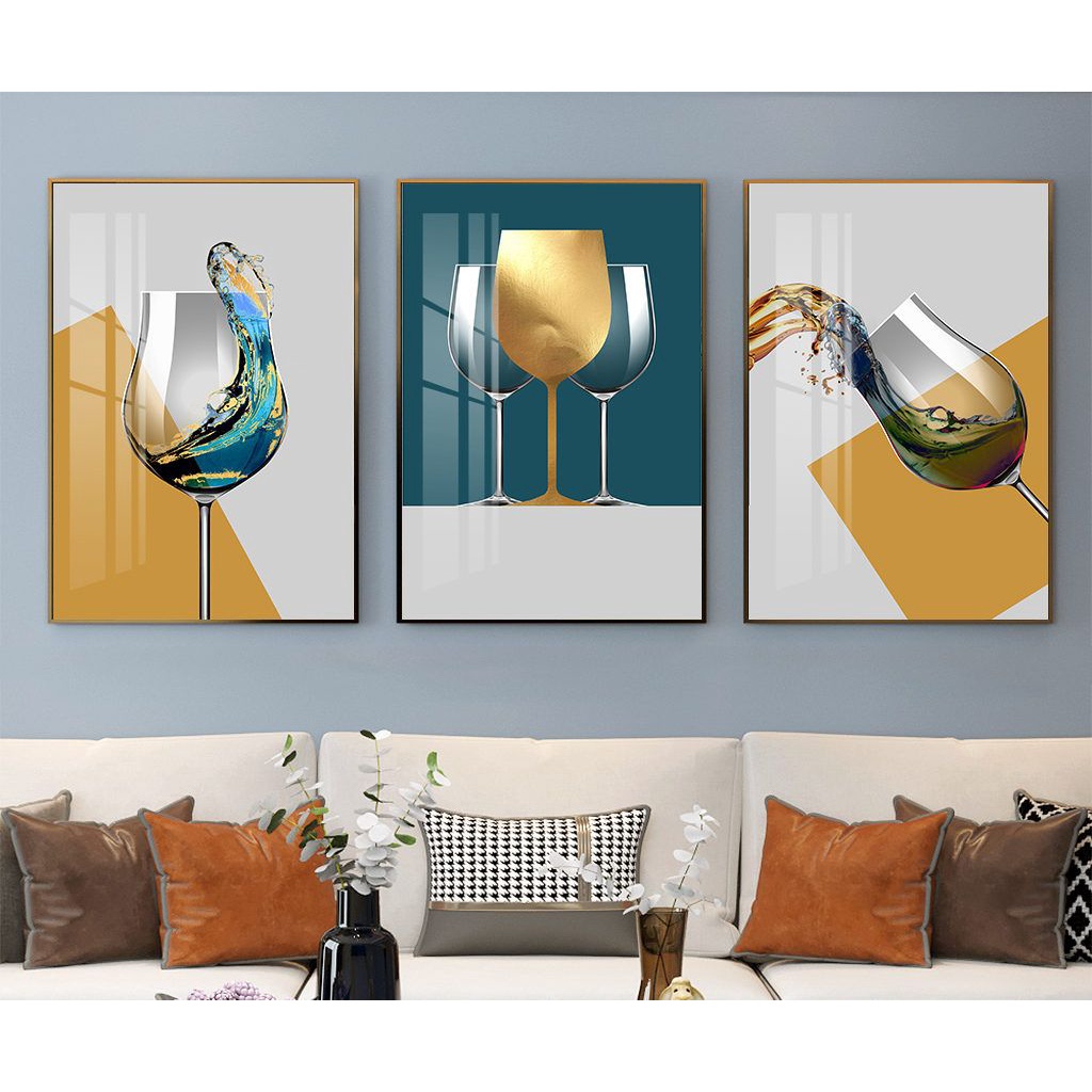 Tranh treo tường- Tranh Laminate tráng gương ly rượu nghệ thuật treo phòng ăn- Bộ 3 tấm