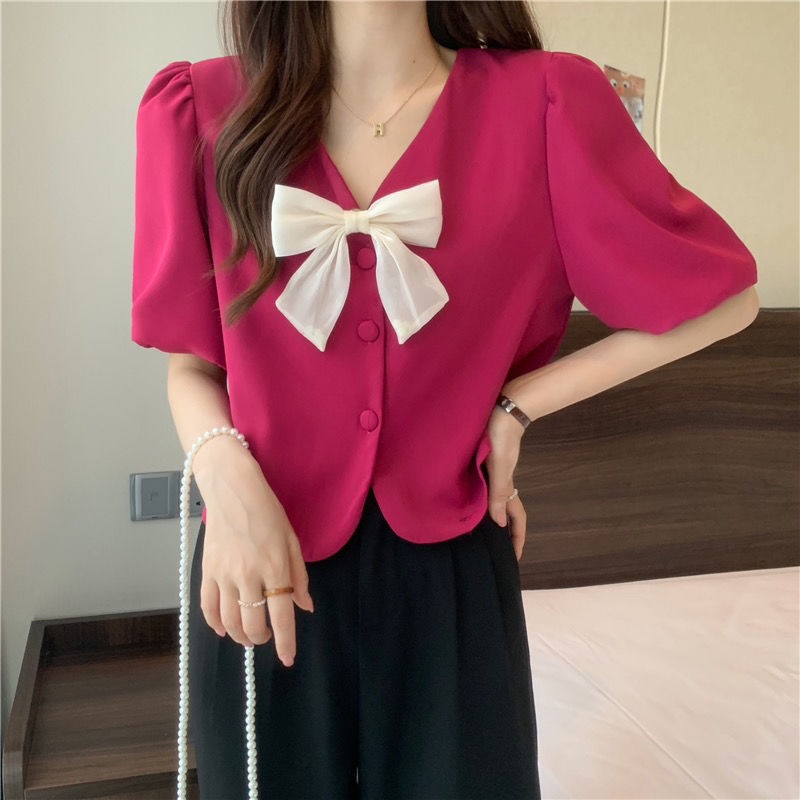 Áo Sơ Mi Ngắn Cổ Chữ v Thắt Nơ Dành Cho Nữ  tao bao