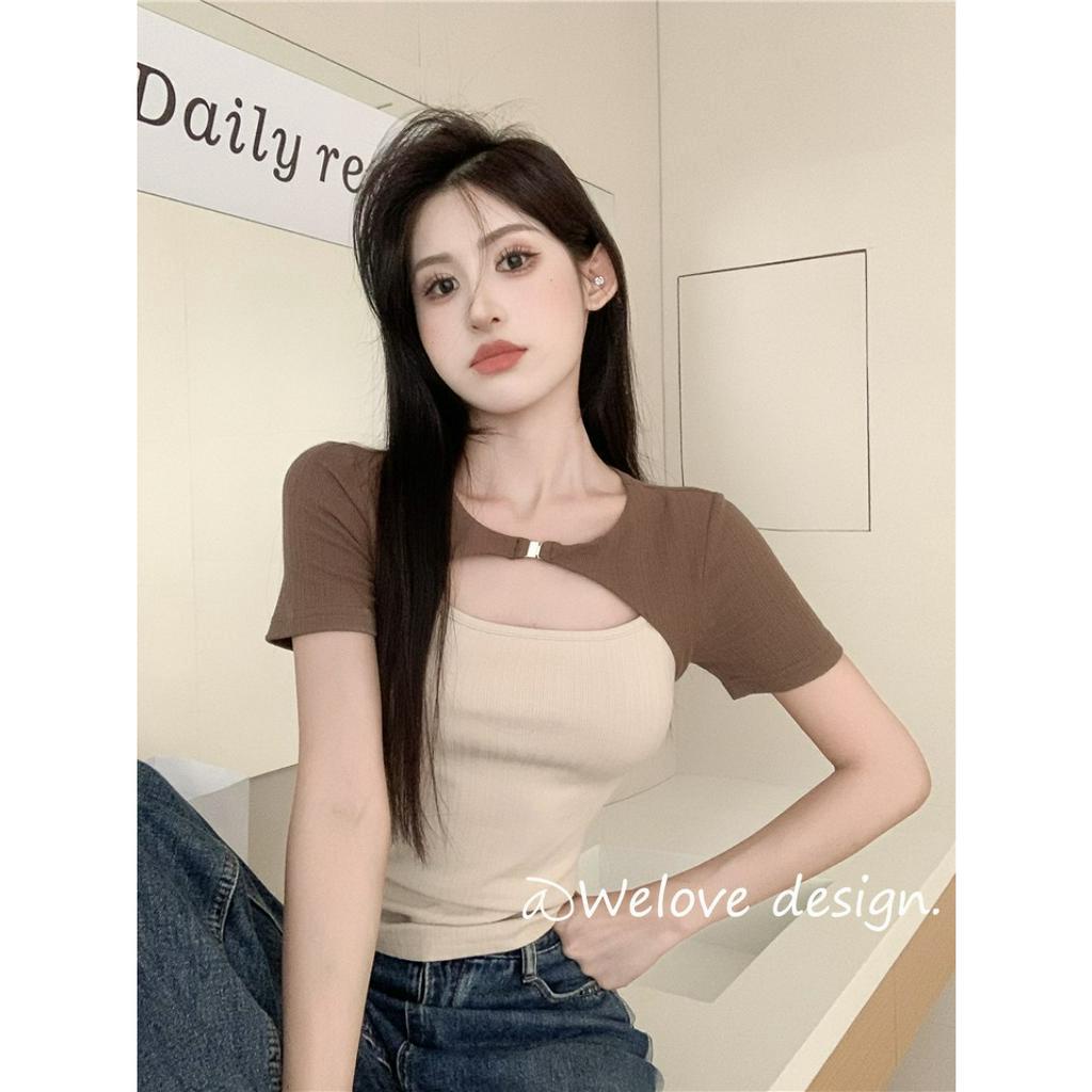 「 WELOVE1 」Áo Thun Tay Ngắn Cổ Tròn Nhiều Màu Sắc Tương Phản Thời Trang Cho Nữ