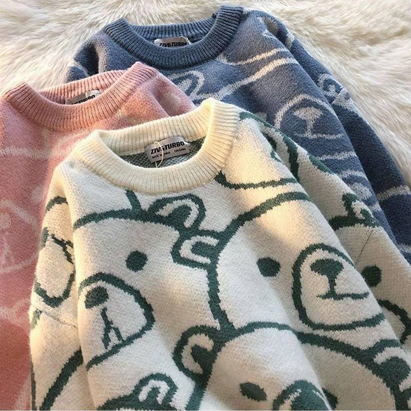 Áo Sweater Dệt Kim Cổ Rộng In Họa Tiết Kiểu Nhật Bản Thời Trang Thu Đông Cho Nữ