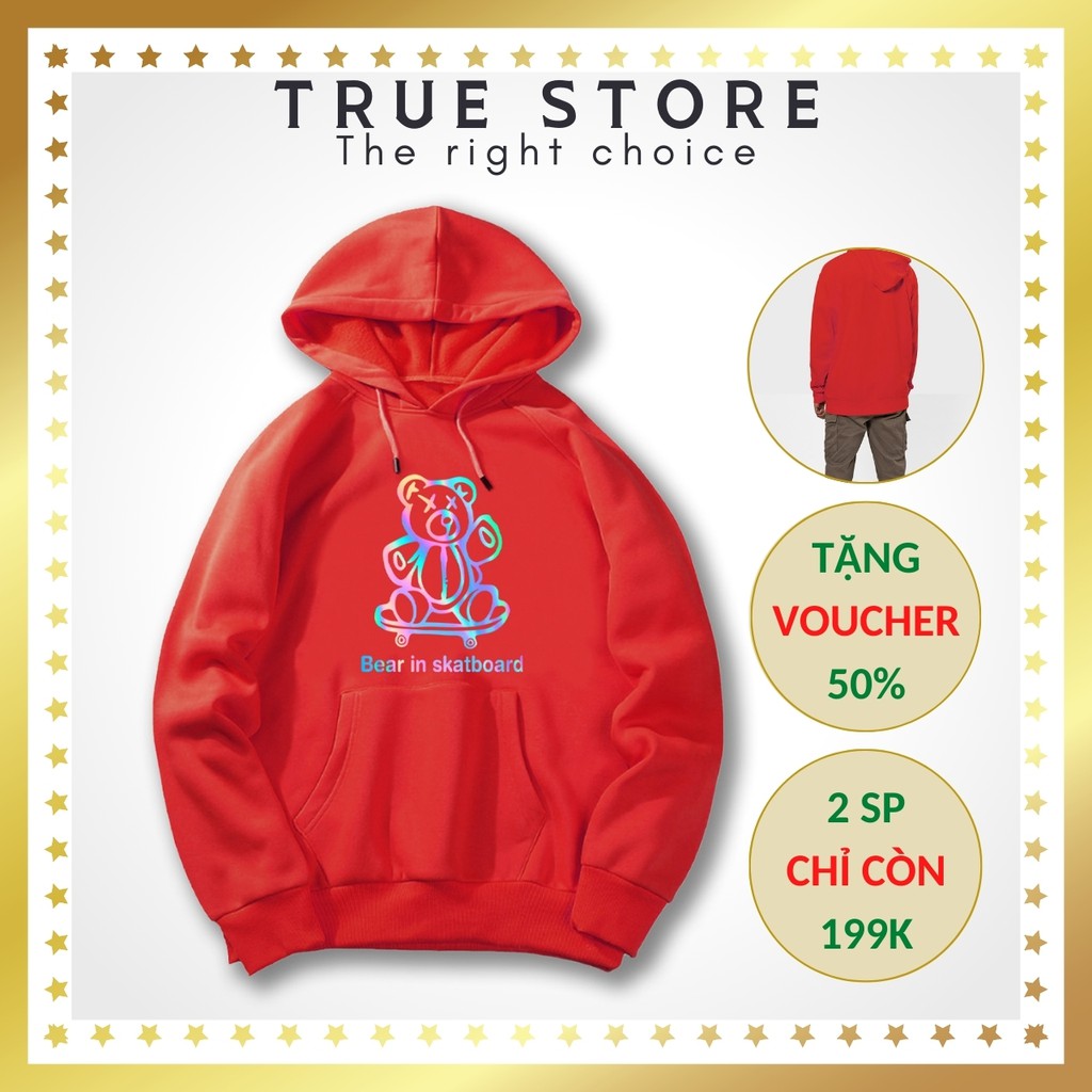 [ĐỘC & LẠ] Áo nỉ hoodie phản quảng cao cấp có mũ và dây in hình GẤU TRƯỢT VÁN màu đỏ tươi, True Store, KN27