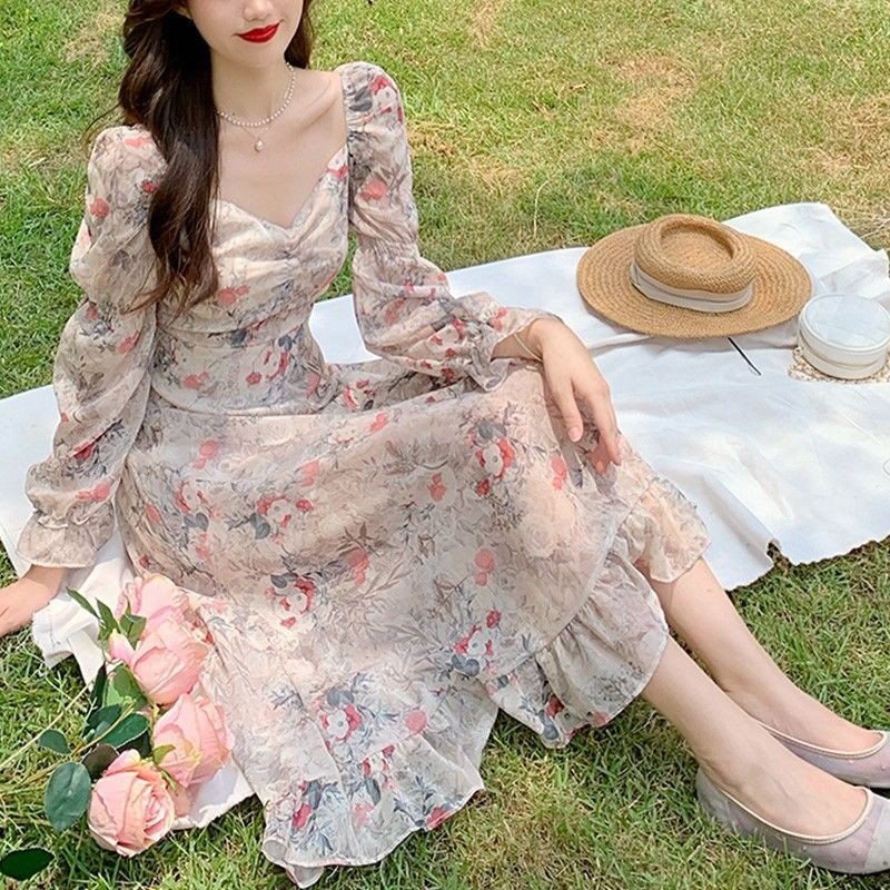 M136 - Váy voan hoa midi Ulzzang cổ V tay dáng dài viền bèo vintage phong cách cổ điển có Bigsize