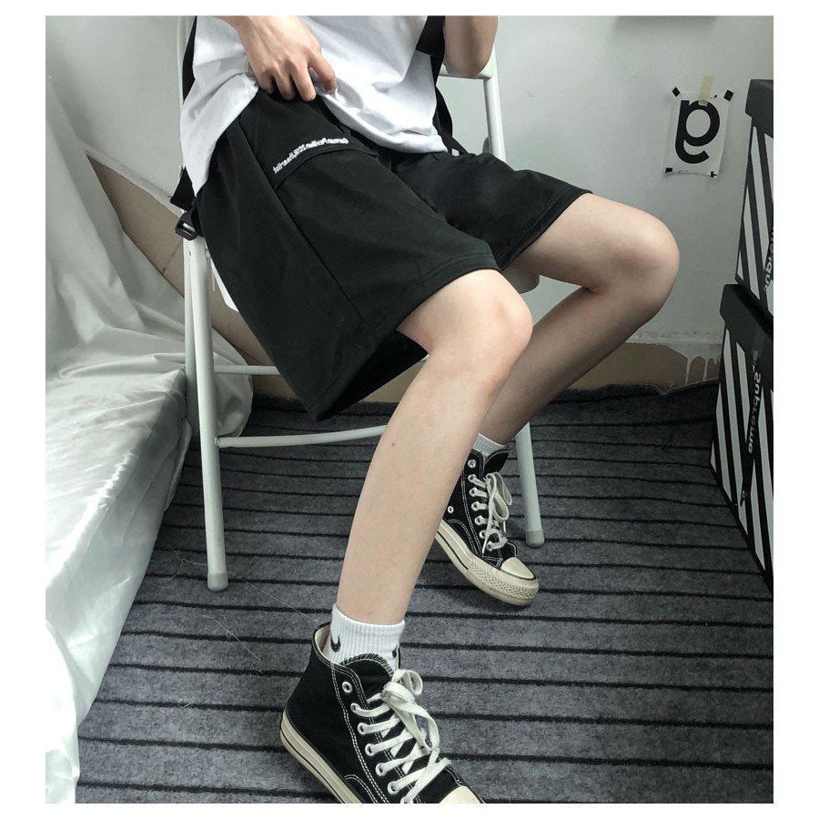Quần sooc nữ, quần đùi chữ thêu chất thun co giãn tốt form rộng unisex 38-65kg 2 màu đen xám Nam Nữ