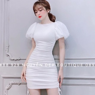 Đầm váy body tay phồng rút dây sườn