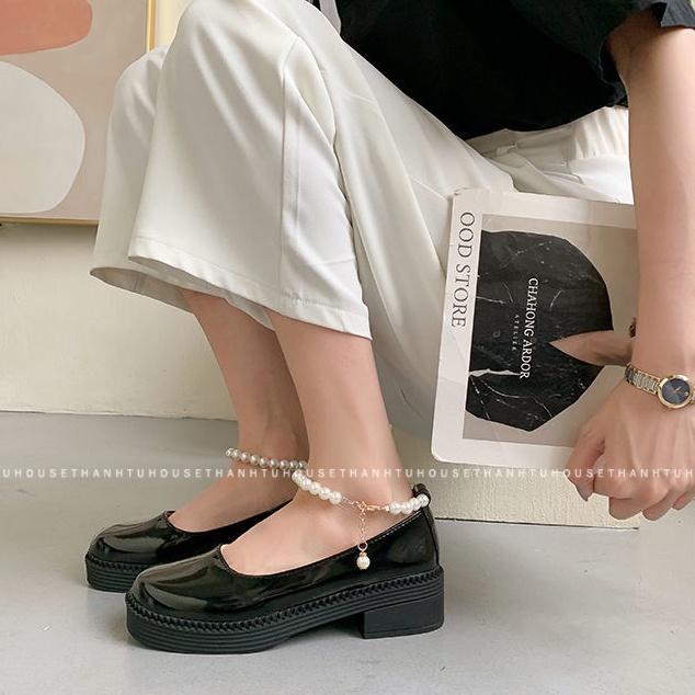 Giày Mary Jane Da Bóng Mũi Vuông Phối Quai Ngọc Ulzzang - GD021