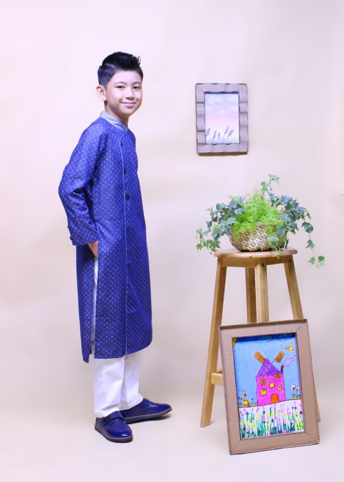 Áo dài bé trai denim chấm Jadiny