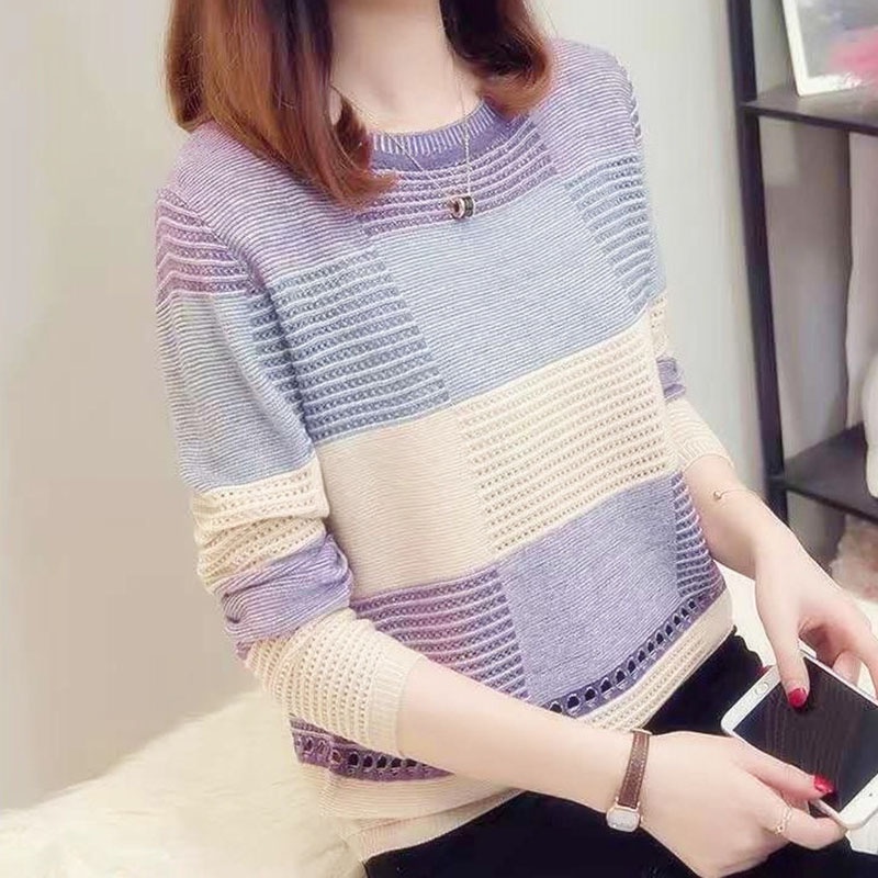 IELGY Áo Thun Tay Dài Họa Tiết Kẻ Sọc Thời Trang Hàn Quốc Dễ Phối Đồ Cho Nữ