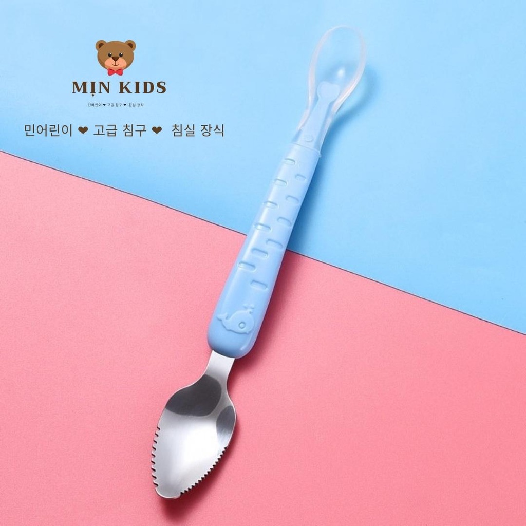 Thìa nạo hoa quả 2 đầu cho bé kết hợp thìa ăn dặm MỊN KIDS, nhỏ gọn tiện lợi