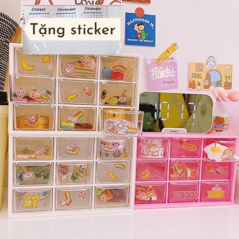 Tủ nhựa 9 ngăn trong suốt đựng đồ bàn học tiện lợi tặng kèm sticker