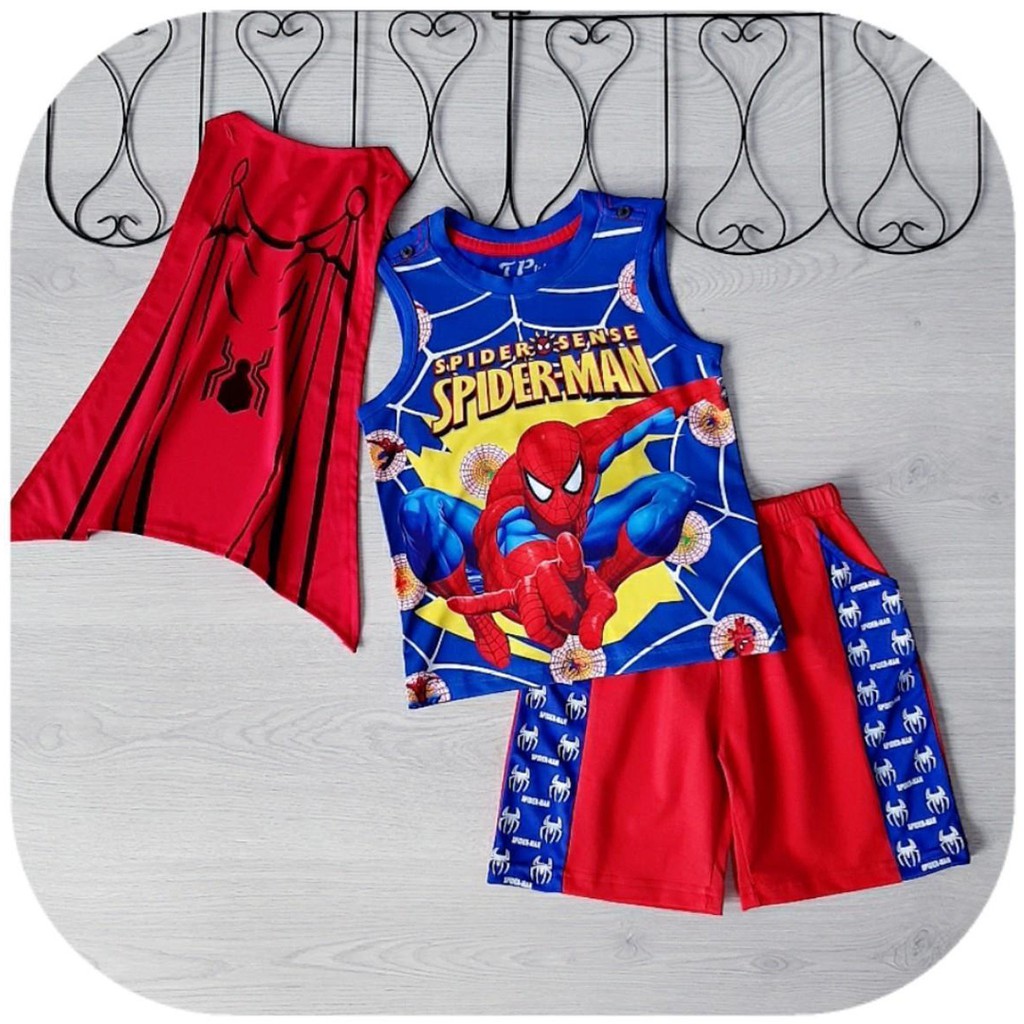 Bộ thun cotton lạnh kèm áo choàng spiderman bé trai