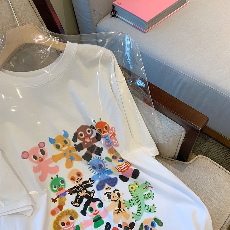 Áo Thun Tay Ngắn Dáng Rộng In Họa Tiết Hoạt Hình Kiểu Hàn Quốc Thời Trang Mùa Hè Cho Nữ