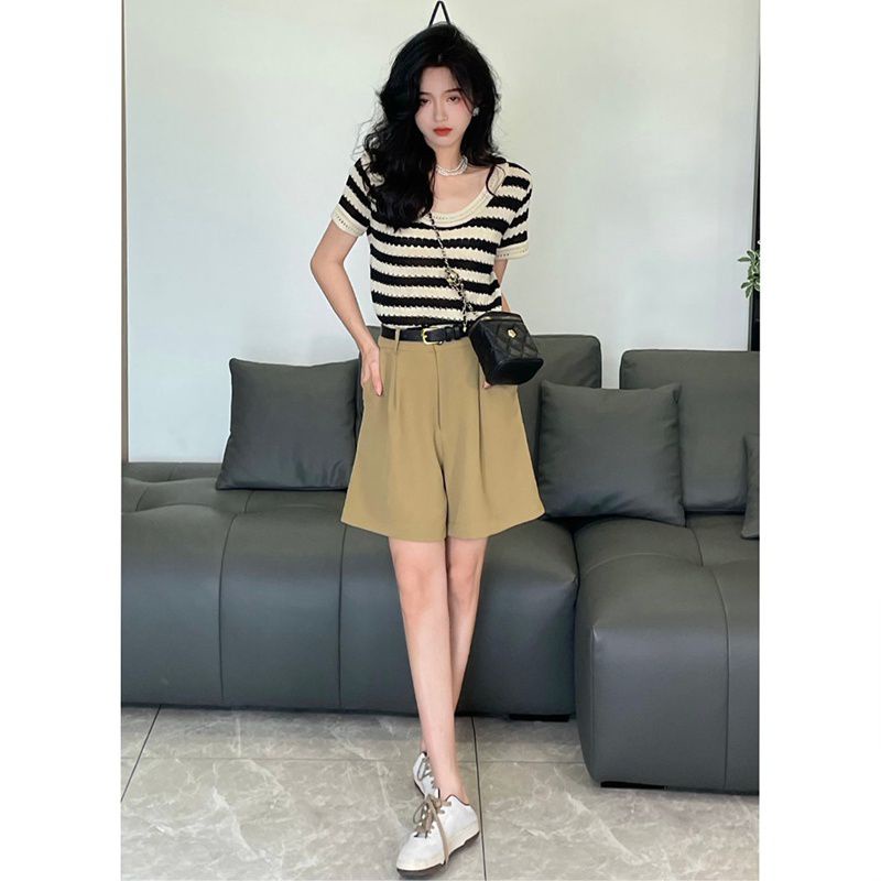 Áo phông nữ Áo Dệt Kim Áo Tanktop Ngắn Tay Họa Tiết Kẻ Sọc Thời Trang Hàn Quốc Cho Nữ