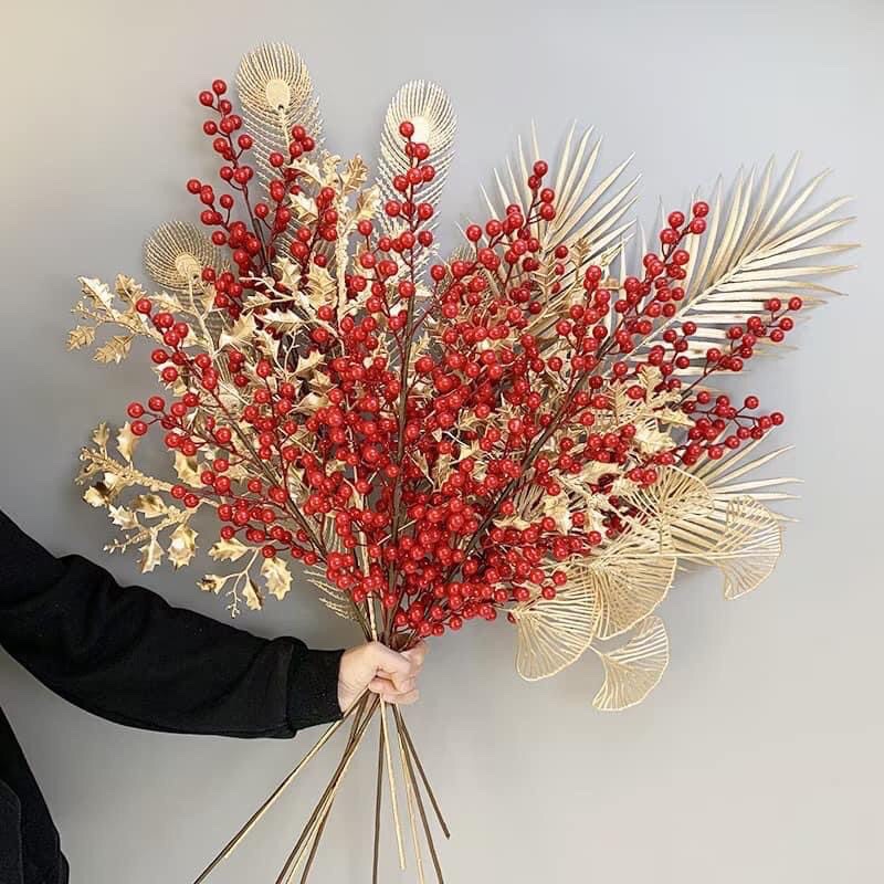 Cành lá rẻ quạt, cành táo, cành đuôi cong, cành tim phủ nhũ vàng decor siêu đẹp