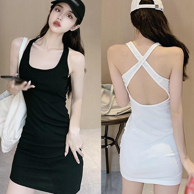 Đầm sát nách màu trơn thiết kế dây đan chéo sau lưng phong cách Hàn Quốc thời trang cho nữ