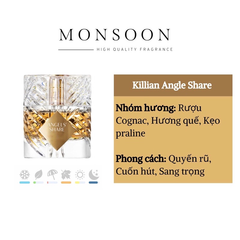 Nước hoa nam nữ (unisex) Kilian Angels' Share EDP cao cấp Monsoon thơm lâu mùi vani ngọt ngào quyến rũ