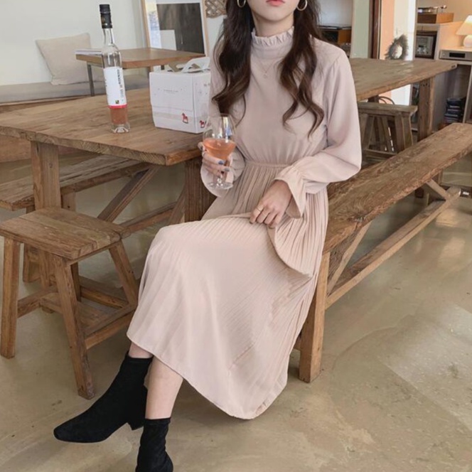 Đầm Maxi Cổ Cao Tay Phồng Màu Trơn Thanh Lịch 32303