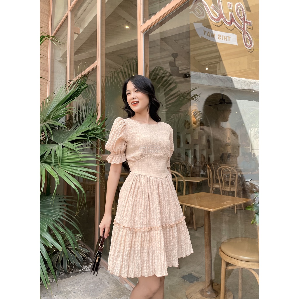 Đầm dự tiệc tay phồng hờ lưng xốp nhún DG4279