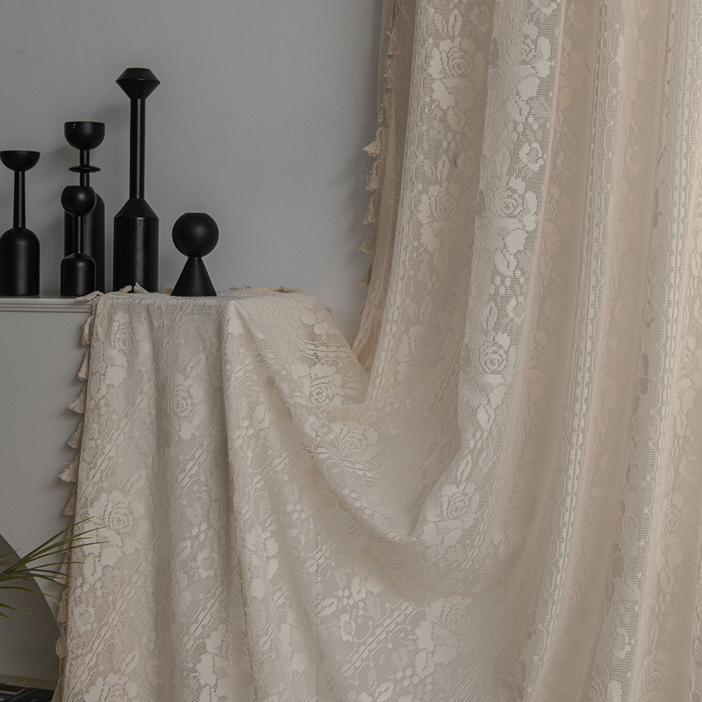 Rèm Cửa Vải Cotton Mỏng Phối Ren Và Tua Rua Họa Tiết Hoa Hồng Trang Trí Cửa Sổ